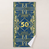 50e verjaardag Art Deco Gold Blue Great Gatsby Badhanddoek (Badhanddoek)