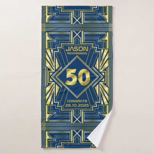 50e verjaardag Art Deco Gold Blue Great Gatsby Badhanddoek (Badhanddoek)