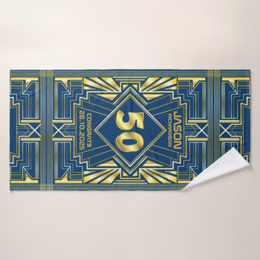50e verjaardag Art Deco Gold Blue Great Gatsby Badhanddoek (Badhanddoek)