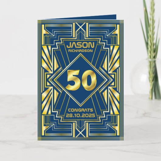 50e verjaardag Art Deco Gold Blue Great Gatsby Kaart (Voorkant)
