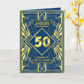 50e verjaardag Art Deco Gold Blue Great Gatsby Kaart (Gele Bloem)