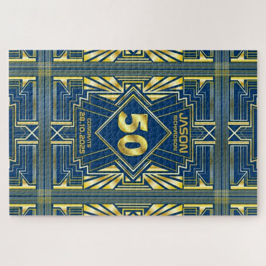 50e verjaardag Art Deco Gold Blue Great Gatsby Legpuzzel (Horizontaal)