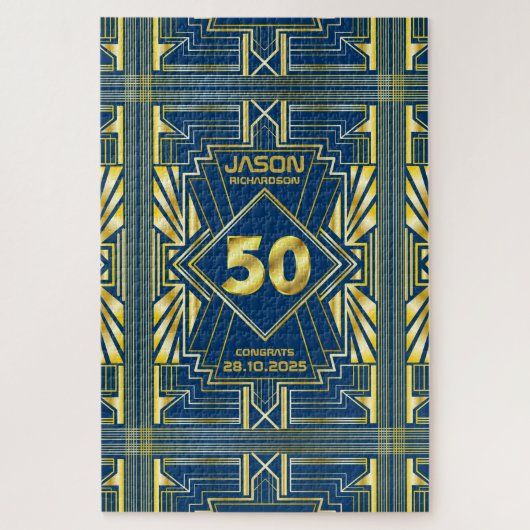 50e verjaardag Art Deco Gold Blue Great Gatsby Legpuzzel (Verticaal)