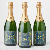 50e verjaardag Art Deco Gold Blue Great Gatsby Sparkling Wijnetiket (Flessen)
