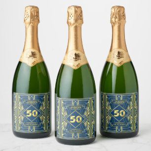 50e verjaardag Art Deco Gold Blue Great Gatsby Sparkling Wijnetiket