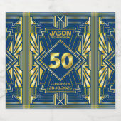 50e verjaardag Art Deco Gold Blue Great Gatsby Sparkling Wijnetiket (Enkel label)