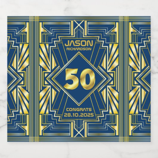 50e verjaardag Art Deco Gold Blue Great Gatsby Sparkling Wijnetiket (Enkel label)