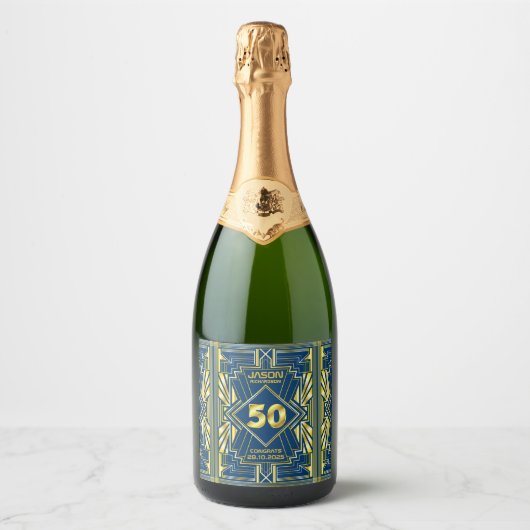 50e verjaardag Art Deco Gold Blue Great Gatsby Sparkling Wijnetiket (Voorkant)