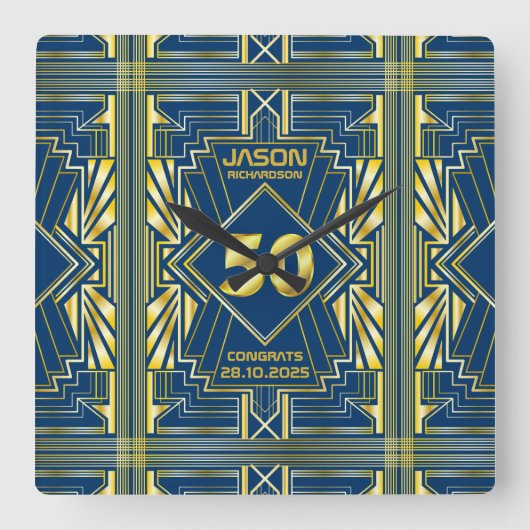 50e verjaardag Art Deco Gold Blue Great Gatsby Vierkante Klok (Voorkant)