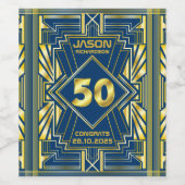 50e verjaardag Art Deco Gold Blue Great Gatsby Wijn Etiket (Enkel label)