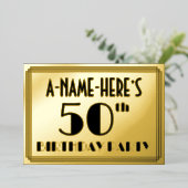 50e verjaardag — Art Deco look "50" + Naam Folie Uitnodiging (Staand Voorkant)