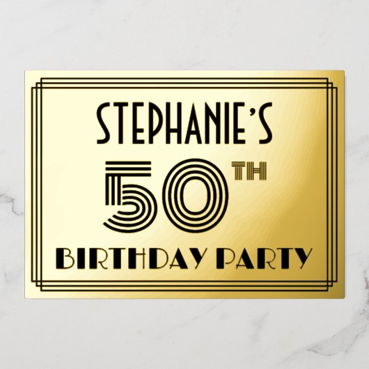 50e verjaardag — Art Deco Style "50" en naam Folie Uitnodiging (Voorkant)
