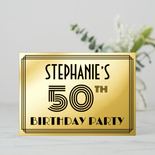 50e verjaardag — Art Deco Style "50" en naam Folie Uitnodiging (Staand Voorkant)