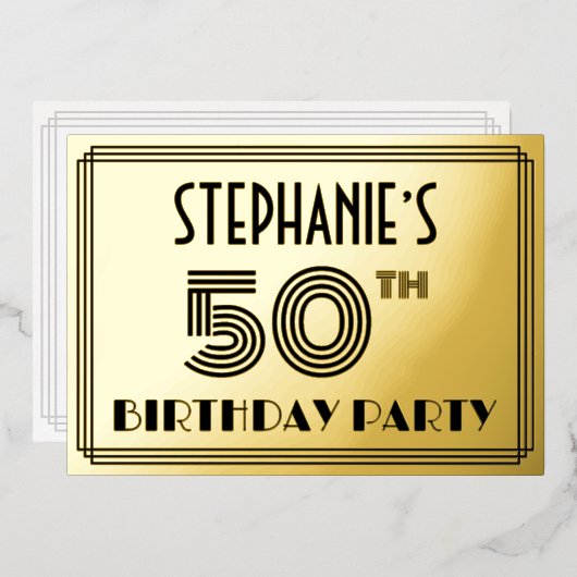 50e verjaardag — Art Deco Style "50" en naam Folie Uitnodiging (Voorkant / Achterkant)