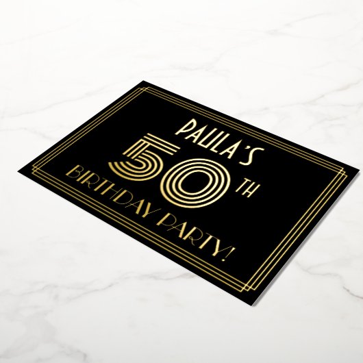 50e verjaardag — Art Deco Style "50" + Naam Folie Uitnodiging (Gedraaid)
