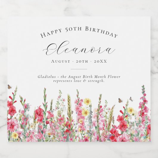 50e verjaardag augustus Geboorte Bloem Party Suppl Sparkling Wijnetiket (Enkel label)