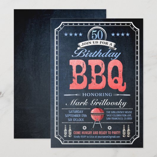 50e verjaardag BBQ Uitnodigingen | schoolbord (Voorkant / Achterkant)