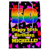 50e verjaardag: Beeldende harten patroon, regenboo Medium Cadeauzakje (Achterkant)