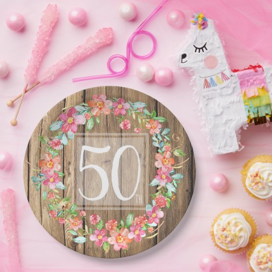 50e verjaardag, bijtende waterverf bloemen papieren bordje (Feest)