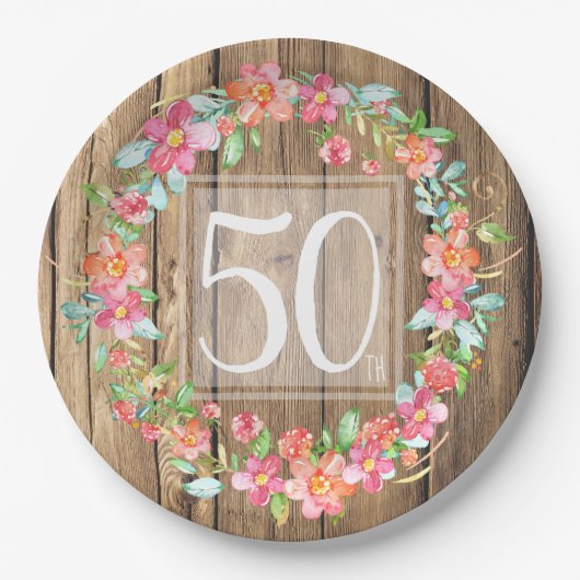 50e verjaardag, bijtende waterverf bloemen papieren bordje (Voorkant)