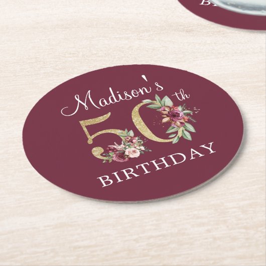50e verjaardag Birthday Burgundy Gold Persoonlijk Ronde Kartonnen Onderzetter (Gebogen)