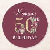 50e verjaardag Birthday Burgundy Gold Persoonlijk Ronde Kartonnen Onderzetter (Voorkant)