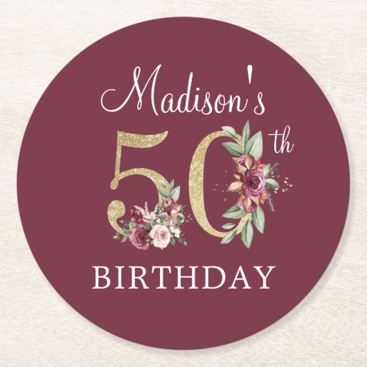 50e verjaardag Birthday Burgundy Gold Persoonlijk Ronde Kartonnen Onderzetter (Voorkant)