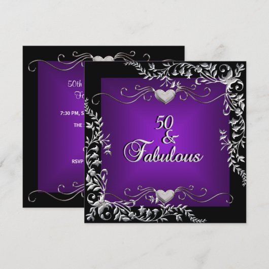 50e verjaardag Black Bright Deep Paars Big Kaart (Voorkant / Achterkant)