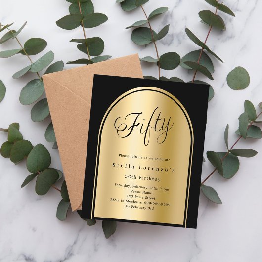 50e verjaardag Black Gold Arch Script uitnodiging