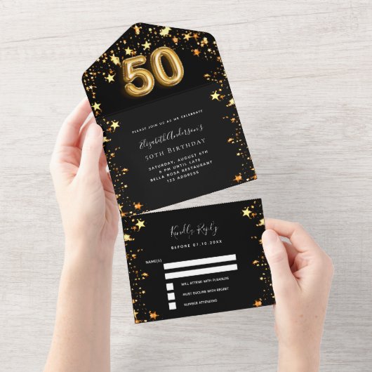 50e verjaardag Black Gold Stars RSVP All In One Uitnodiging (Afscheurbaar)