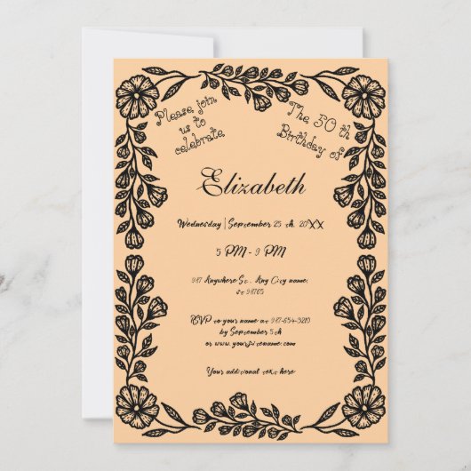 50e verjaardag Black & Peach Botanische Bloemen Kaart (Voorkant)