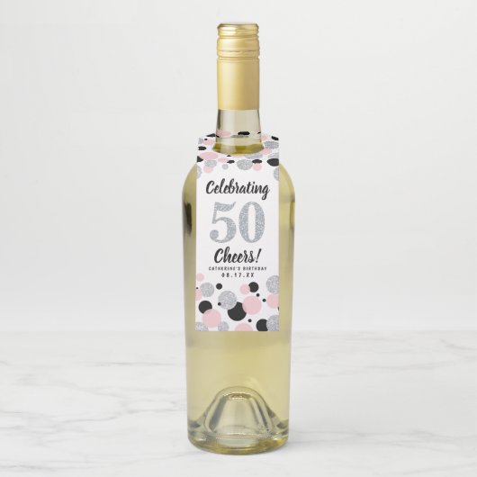 50e Verjaardag Black Pink Silver Glitter Confetti Flessenhanger (Op fles)