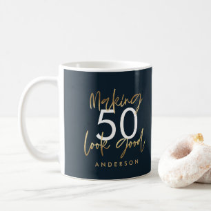 50e verjaardag: blauw en goud, eenvoudig elegant koffiemok