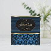 50e verjaardag | Blauw, goud en zwart Damask Kaart (Staand voorkant)