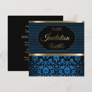 50e verjaardag   Blauw, goud en zwart Damask Kaart