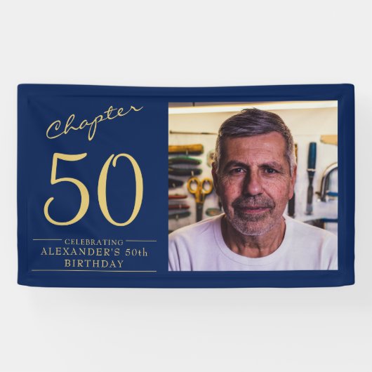 50e verjaardag blauw goud foto spandoek (Horizontaal)