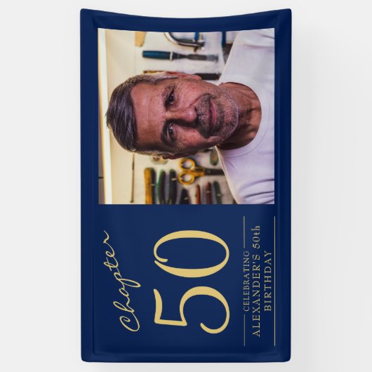 50e verjaardag blauw goud foto spandoek (Verticaal)