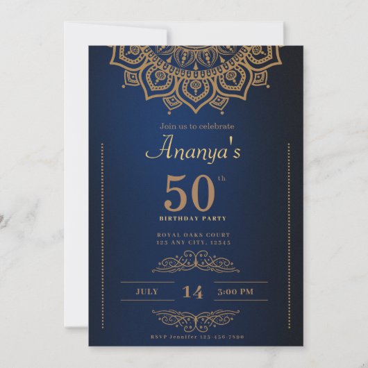 50e verjaardag Blauw Goud Mandala Elegant Eenvoudi Kaart (Voorkant)