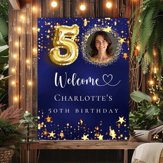 50e Verjaardag blauw goud sterren foto welkom Poster