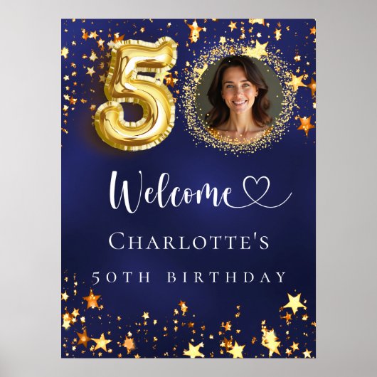 50e Verjaardag blauw goud sterren foto welkom Poster (Voorkant)