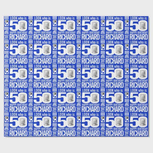 50e verjaardag blauw wit blik 50 douanefoto naam cadeaupapier (Vlak)