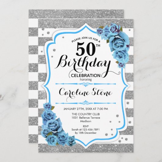 50e verjaardag - Blauw Zilver Wit Strepen Kaart (Voorkant / Achterkant)