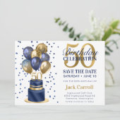 50e Verjaardag Blauwe Ballon Cake Save The Date (Staand voorkant)