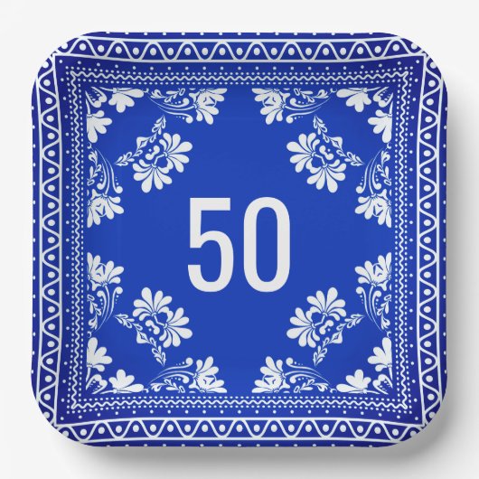 50e verjaardag Blauwe Bandana Papieren Bordje (Voorkant)