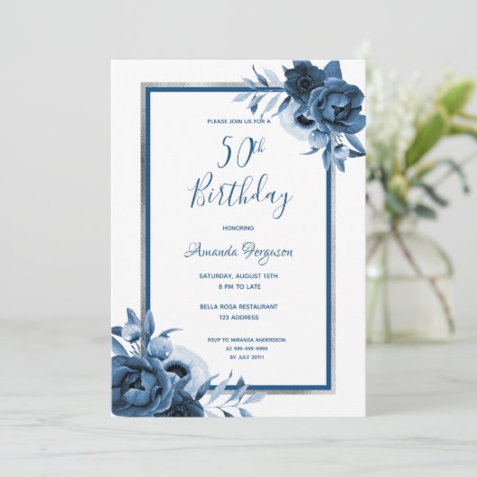 50e verjaardag: blauwe florals white Silver Kaart (Staand voorkant)