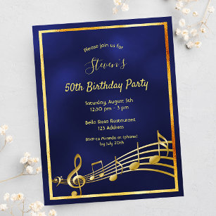 50e verjaardag blauwe goudmuzieknoten uitnodiging