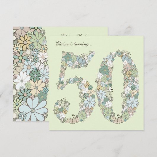 50e verjaardag Blauwe Groene Bloomen Uitnodiging (Voorkant / Achterkant)
