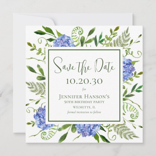 50e verjaardag Blauwe Hortensia's Save The Date (Voorkant)