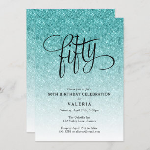 50e verjaardag Blauwe Ombre Glitter Uitnodiging