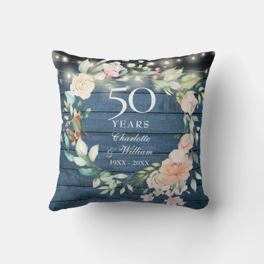 50e verjaardag Blauwe Rustieke Bloemenslingerlicht Kussen (Achterkant)